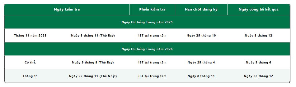 Lịch thi HSK 2026 (HSK 789)
